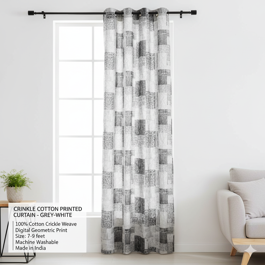 Crinkle Cotton Printed Curtain - Grey-White
