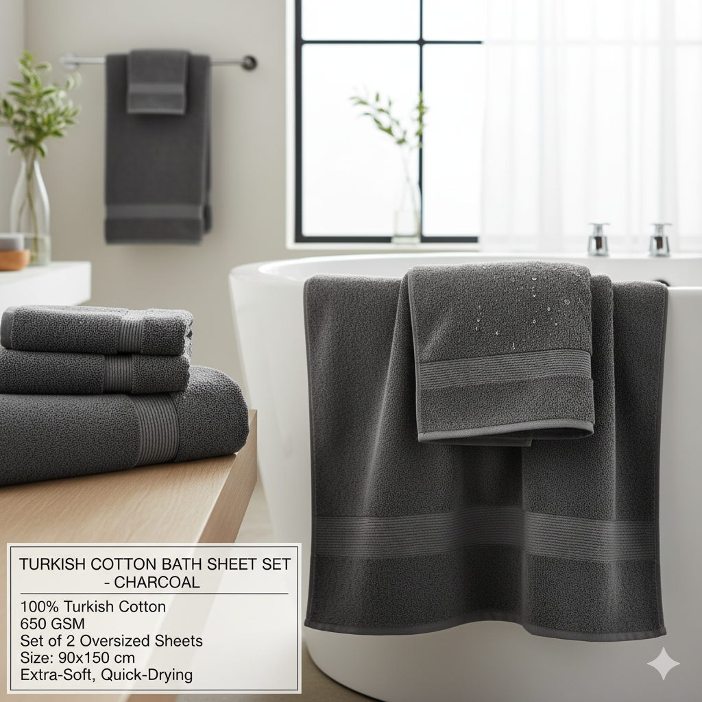 Turkish Cotton Bath Sheet Set - Charcoal